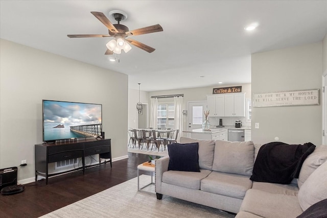 1020 Corey Dr, Lewisburg, TN 37091 - living area with dark wood-type flooring, ceiling fan, baseboards, and recessed lighting