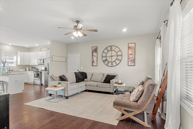 1020 Corey Dr, Lewisburg, TN 37091 - living room featuring ceiling fan, dark wood finished floors, and recessed lighting