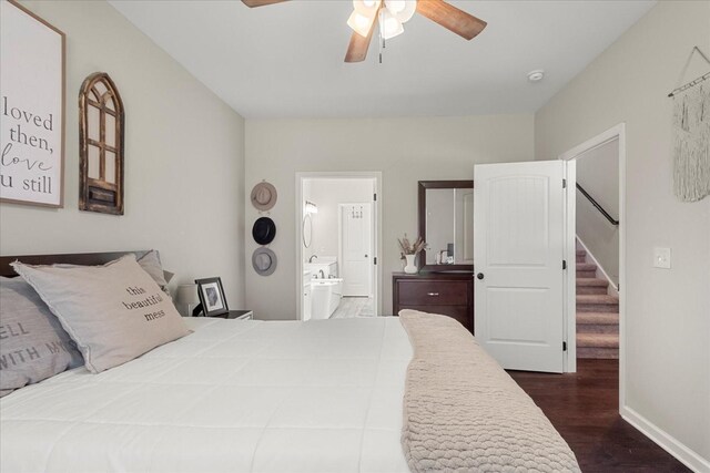 1020 Corey Dr, Lewisburg, TN 37091 - bedroom featuring dark wood-style flooring, baseboards, ensuite bath, and a ceiling fan