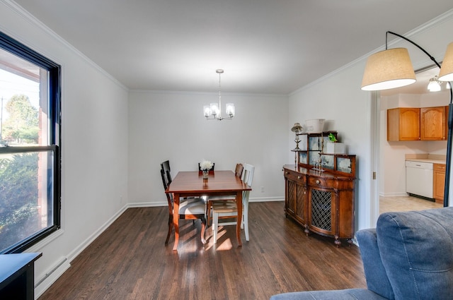 930 Havenhill Dr, Nashville, TN 37217 - dining space featuring a chandelier, wood finished floors, healthy amount of natural light, a baseboard heating unit, and crown molding