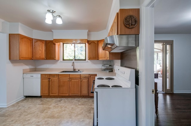 930 Havenhill Dr, Nashville, TN 37217 - kitchen featuring white appliances, a sink, range hood, brown cabinetry, and crown molding