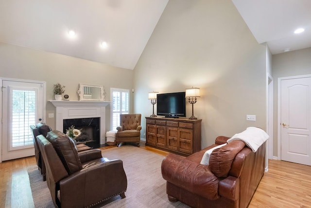 1513 Bunbury Dr, Thompsons Station, TN 37179 - living room featuring high vaulted ceiling, light wood-type flooring, and a high end fireplace