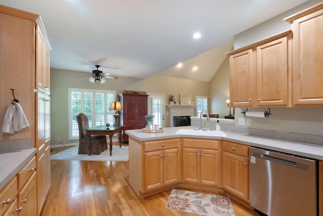 1513 Bunbury Dr, Thompsons Station, TN 37179 - kitchen featuring dishwasher, a sink, a peninsula, a ceiling fan, and light countertops