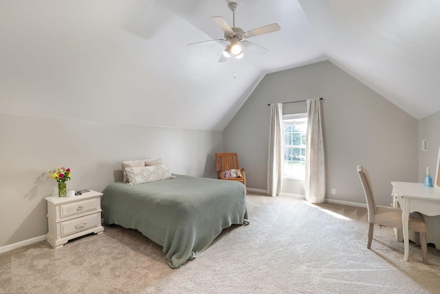 1513 Bunbury Dr, Thompsons Station, TN 37179 - bedroom featuring light colored carpet, vaulted ceiling, baseboards, and a ceiling fan