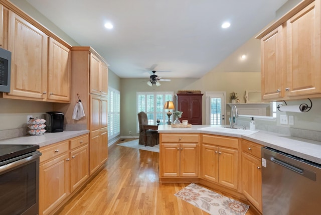 1513 Bunbury Dr, Thompsons Station, TN 37179 - kitchen with stainless steel appliances, a sink, a peninsula, a ceiling fan, and light wood-style floors