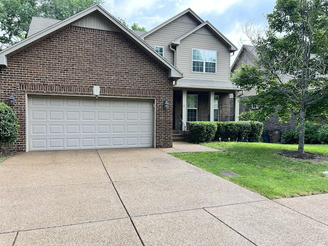 2124 Skyglen Trce, Antioch, TN 37013 - traditional home with brick siding, concrete driveway, an attached garage, a front yard, and a porch