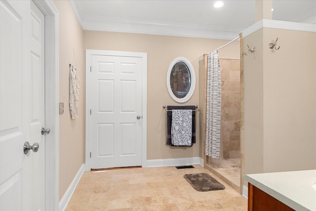1446 Kittrell Rd, Franklin, TN 37064 - bathroom with vanity, tiled shower, crown molding, and recessed lighting