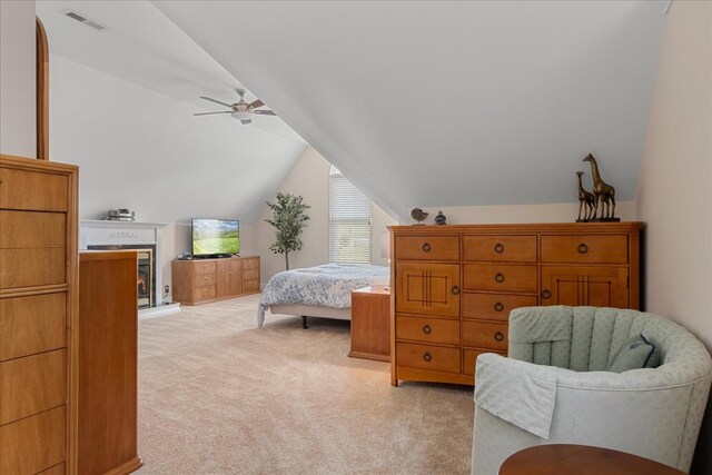 1446 Kittrell Rd, Franklin, TN 37064 - bedroom featuring vaulted ceiling, light carpet, and ceiling fan