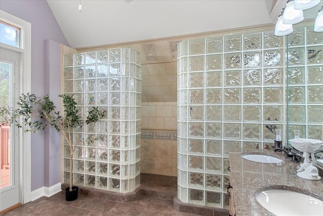 1446 Kittrell Rd, Franklin, TN 37064 - full bathroom with walk in shower, lofted ceiling, tile patterned floors, and double vanity