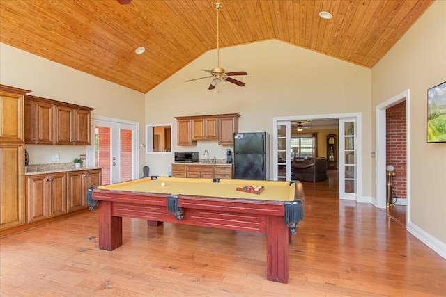 1446 Kittrell Rd, Franklin, TN 37064 - recreation room featuring french doors, a ceiling fan, billiards, high vaulted ceiling, and light wood-style floors