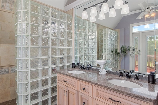 1446 Kittrell Rd, Franklin, TN 37064 - bathroom featuring walk in shower, double vanity, a ceiling fan, and vaulted ceiling