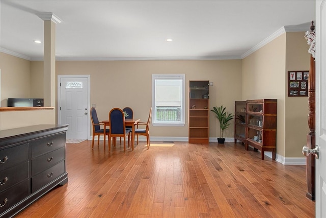 1446 Kittrell Rd, Franklin, TN 37064 - dining room with ornamental molding, light wood-type flooring, recessed lighting, and ornate columns
