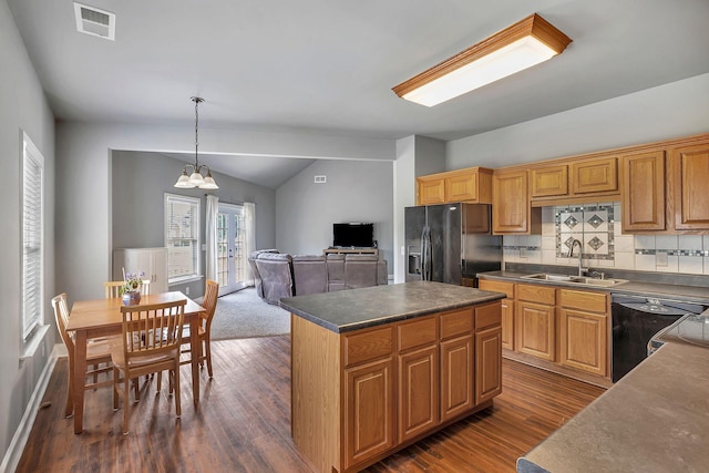 3606 Fairway Fields Ln, Spring Hill, TN 37174 - kitchen with a sink, black appliances, lofted ceiling, dark wood-style flooring, and dark countertops