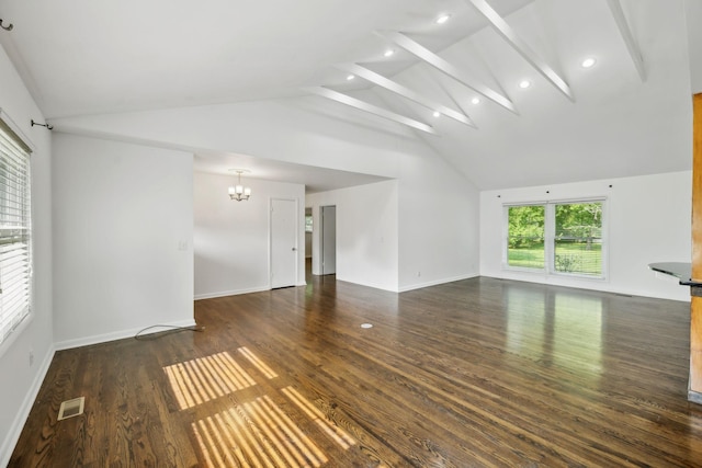 1306 Maymont Dr, Murfreesboro, TN 37130 - unfurnished living room featuring a chandelier, wood finished floors, beamed ceiling, recessed lighting, and high vaulted ceiling