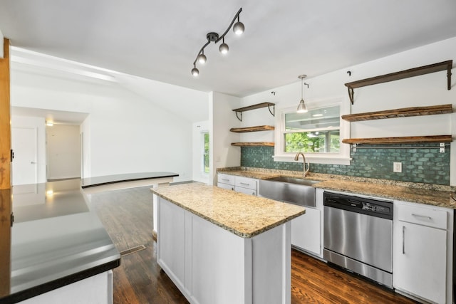 1306 Maymont Dr, Murfreesboro, TN 37130 - kitchen with stainless steel dishwasher, open shelves, white cabinetry, decorative backsplash, and a sink