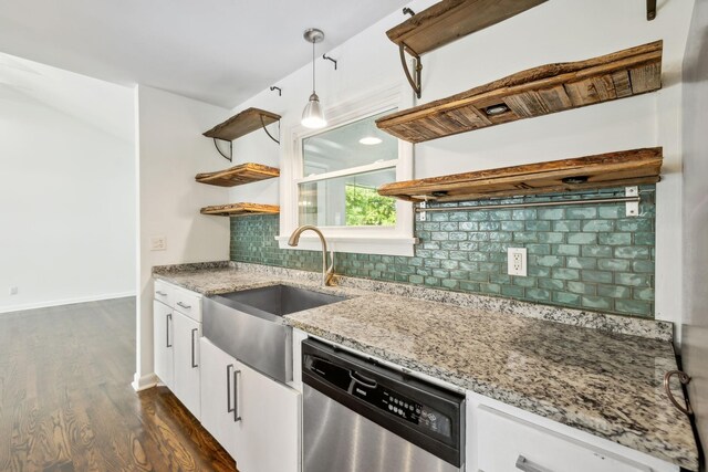 1306 Maymont Dr, Murfreesboro, TN 37130 - kitchen with stainless steel dishwasher, a sink, open shelves, light stone countertops, and dark wood-type flooring