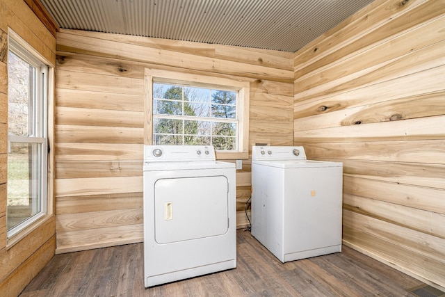 6720 Parker Rd, Lyles, TN 37098 - laundry room featuring washing machine and dryer, wood finished floors, and wood walls