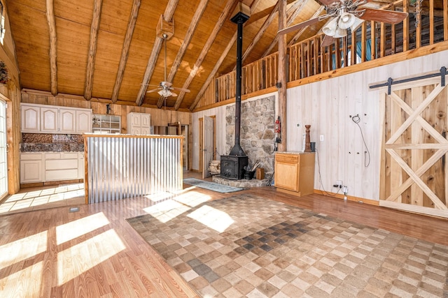 6720 Parker Rd, Lyles, TN 37098 - unfurnished living room with a ceiling fan, wood ceiling with exposed beams, a wood stove, high vaulted ceiling, and wood finished floors