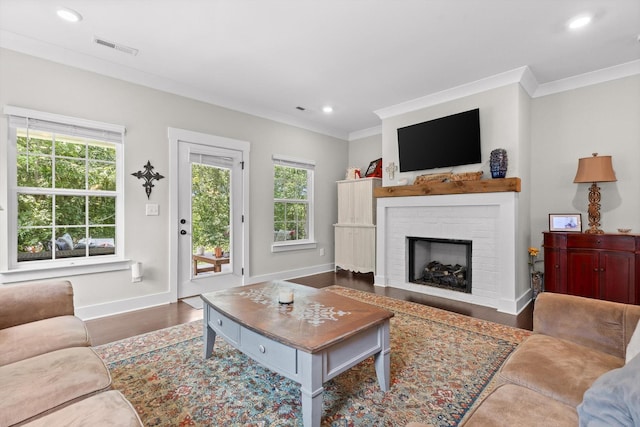 3814 Inlet Loop, Chattanooga, TN 37416 - living area featuring wood finished floors, crown molding, baseboards, recessed lighting, and a fireplace