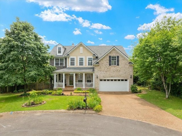 4055 Williford Way, Spring Hill, TN 37174 - traditional home with a porch, a garage, concrete driveway, a front lawn, and brick siding