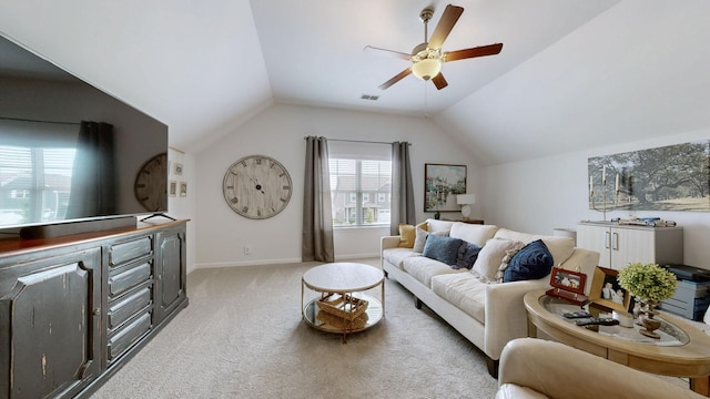 3632 Stormy Ln, Rockvale, TN 37153 - carpeted living area with a ceiling fan, lofted ceiling, and baseboards