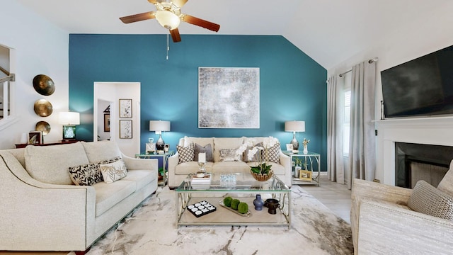 3632 Stormy Ln, Rockvale, TN 37153 - living room with a ceiling fan, a fireplace, and vaulted ceiling