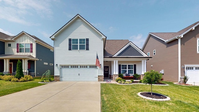 3632 Stormy Ln, Rockvale, TN 37153 - craftsman house featuring an attached garage, covered porch, concrete driveway, a front lawn, and stone siding