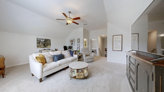 3632 Stormy Ln, Rockvale, TN 37153 - living room with light carpet, a ceiling fan, lofted ceiling, and baseboards