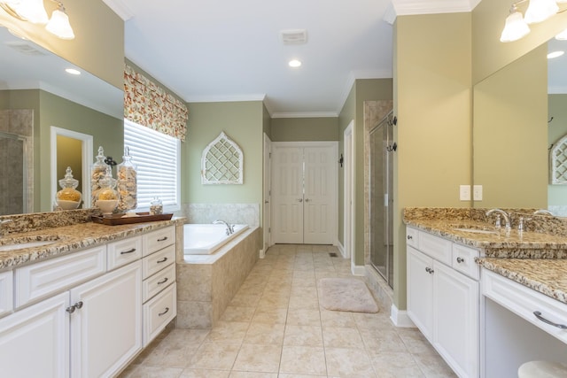1414 Bernard Way, Franklin, TN 37067 - bathroom featuring two vanities, a stall shower, crown molding, and a bath