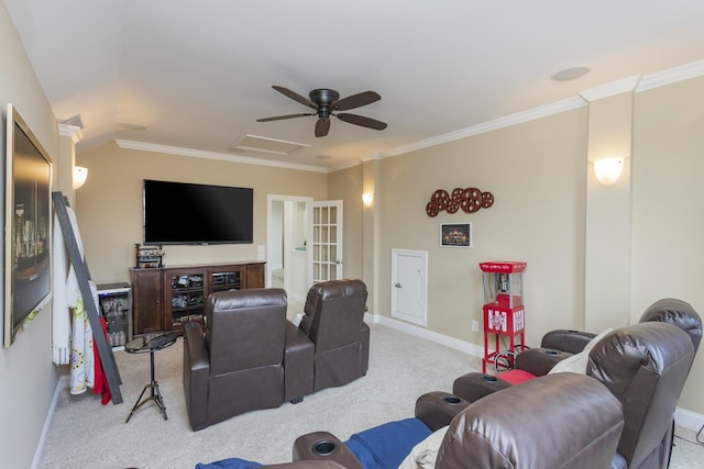 1414 Bernard Way, Franklin, TN 37067 - home theater featuring light colored carpet, baseboards, ornamental molding, and a ceiling fan