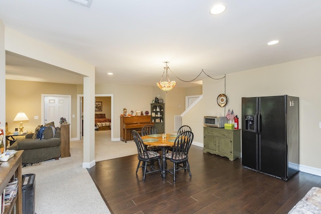 1414 Bernard Way, Franklin, TN 37067 - dining space with dark wood-style floors, a chandelier, baseboards, recessed lighting, and stairway