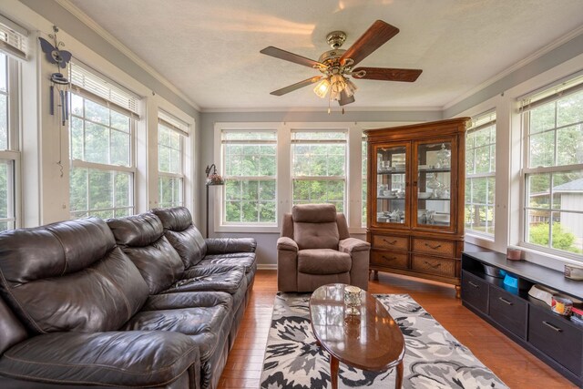 711 Hurricane Hill Dr, Waynesboro, TN 38485 - living area featuring healthy amount of natural light, ornamental molding, wood finished floors, and a ceiling fan