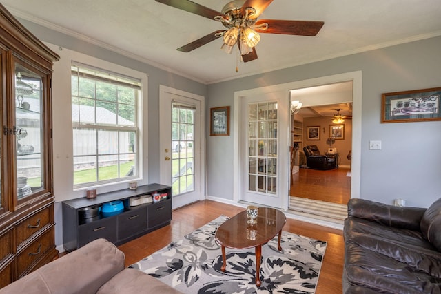 711 Hurricane Hill Dr, Waynesboro, TN 38485 - living area with a ceiling fan, wood finished floors, ornamental molding, and baseboards