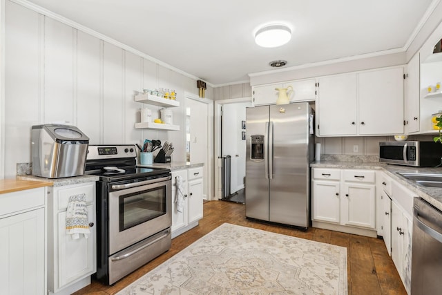214 Glenn Ave, Gallatin, TN 37066 - kitchen featuring open shelves, stainless steel appliances, white cabinetry, ornamental molding, and dark wood-type flooring