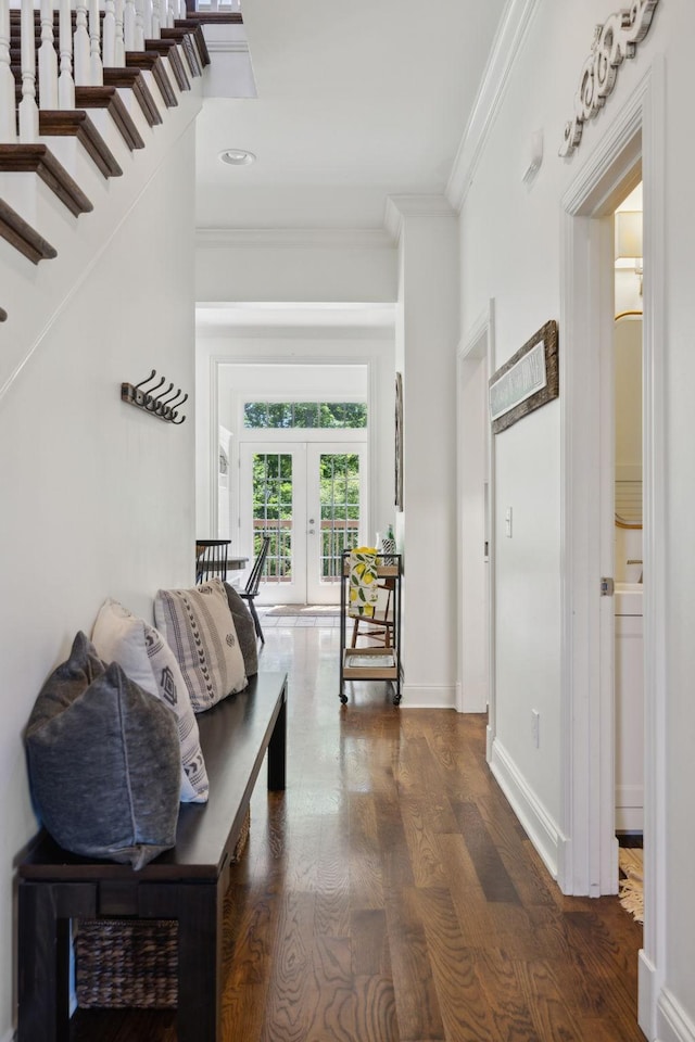 6795 Leipers Creek Rd, Columbia, TN 38401 - corridor featuring ornamental molding, french doors, dark wood-type flooring, stairs, and baseboards
