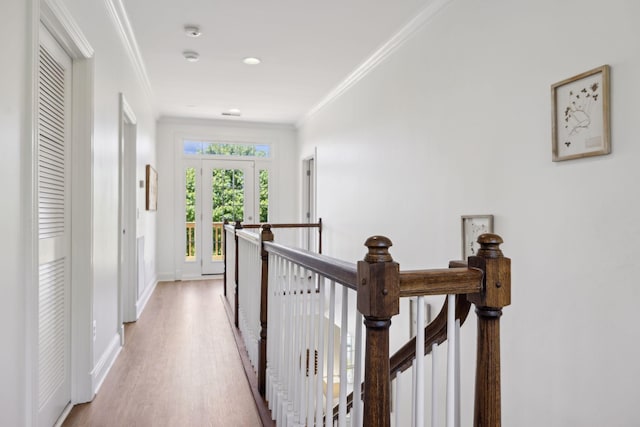 6795 Leipers Creek Rd, Columbia, TN 38401 - hallway featuring an upstairs landing, crown molding, light wood-style floors, and baseboards