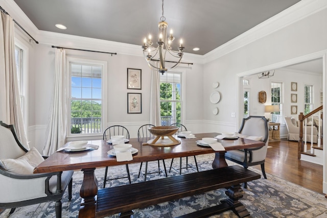 6795 Leipers Creek Rd, Columbia, TN 38401 - dining room featuring a chandelier, ornamental molding, wood finished floors, and recessed lighting