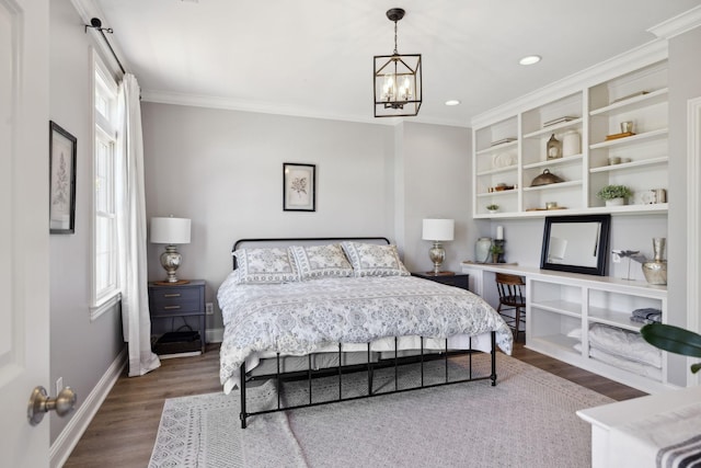 6795 Leipers Creek Rd, Columbia, TN 38401 - bedroom featuring a chandelier, baseboards, wood finished floors, ornamental molding, and recessed lighting