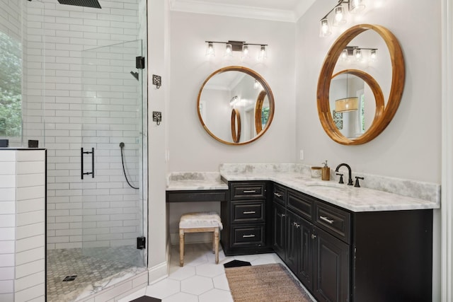 6795 Leipers Creek Rd, Columbia, TN 38401 - full bathroom with vanity, a shower stall, tile patterned flooring, and ornamental molding