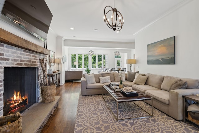 6795 Leipers Creek Rd, Columbia, TN 38401 - living room featuring ornamental molding, wood finished floors, a chandelier, a fireplace, and recessed lighting