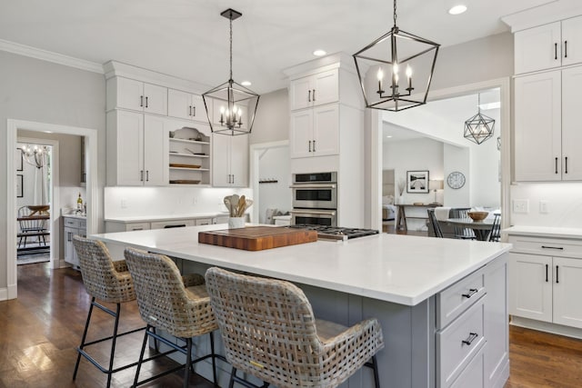 6795 Leipers Creek Rd, Columbia, TN 38401 - kitchen featuring a chandelier, appliances with stainless steel finishes, open shelves, white cabinets, and recessed lighting
