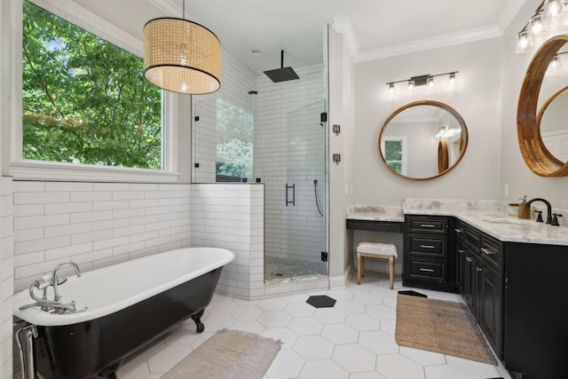 6795 Leipers Creek Rd, Columbia, TN 38401 - full bath featuring vanity, a shower stall, a soaking tub, healthy amount of natural light, and ornamental molding