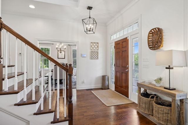 6795 Leipers Creek Rd, Columbia, TN 38401 - entryway with a chandelier, stairs, wood finished floors, crown molding, and baseboards