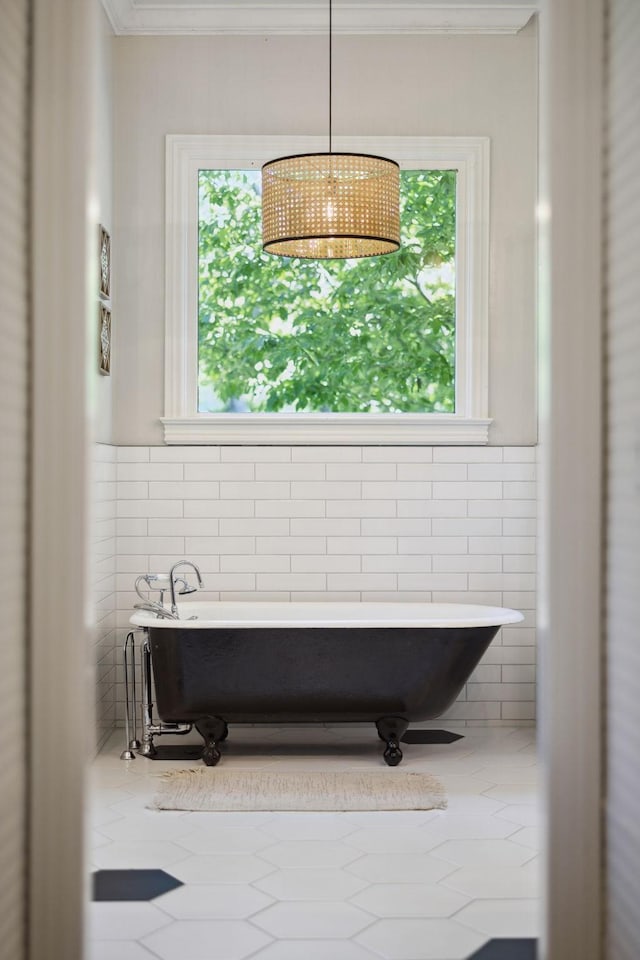 6795 Leipers Creek Rd, Columbia, TN 38401 - bathroom with crown molding, plenty of natural light, a freestanding bath, and tile walls