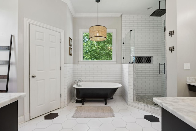 6795 Leipers Creek Rd, Columbia, TN 38401 - full bathroom featuring vanity, a shower stall, a soaking tub, ornamental molding, and tile patterned floors