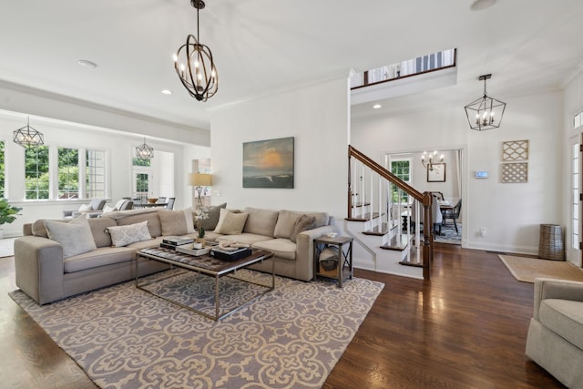 6795 Leipers Creek Rd, Columbia, TN 38401 - living room with a chandelier, wood finished floors, stairway, crown molding, and recessed lighting
