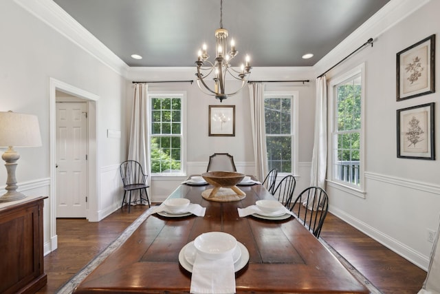 6795 Leipers Creek Rd, Columbia, TN 38401 - dining area featuring a chandelier, dark wood-style floors, baseboards, and ornamental molding