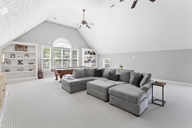842 Shun Pike, Cottontown, TN 37048 - living area with carpet floors, ceiling fan, plenty of natural light, lofted ceiling, and billiards table