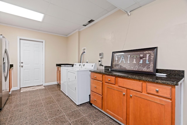 842 Shun Pike, Cottontown, TN 37048 - washroom featuring cabinet space, washing machine and dryer, ornamental molding, and baseboards