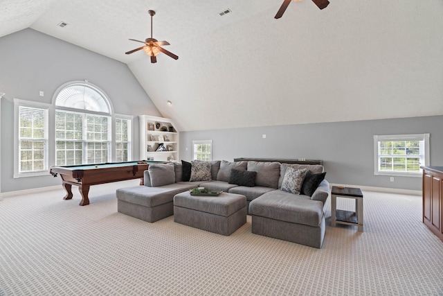 842 Shun Pike, Cottontown, TN 37048 - carpeted living area featuring ceiling fan, baseboards, pool table, and high vaulted ceiling